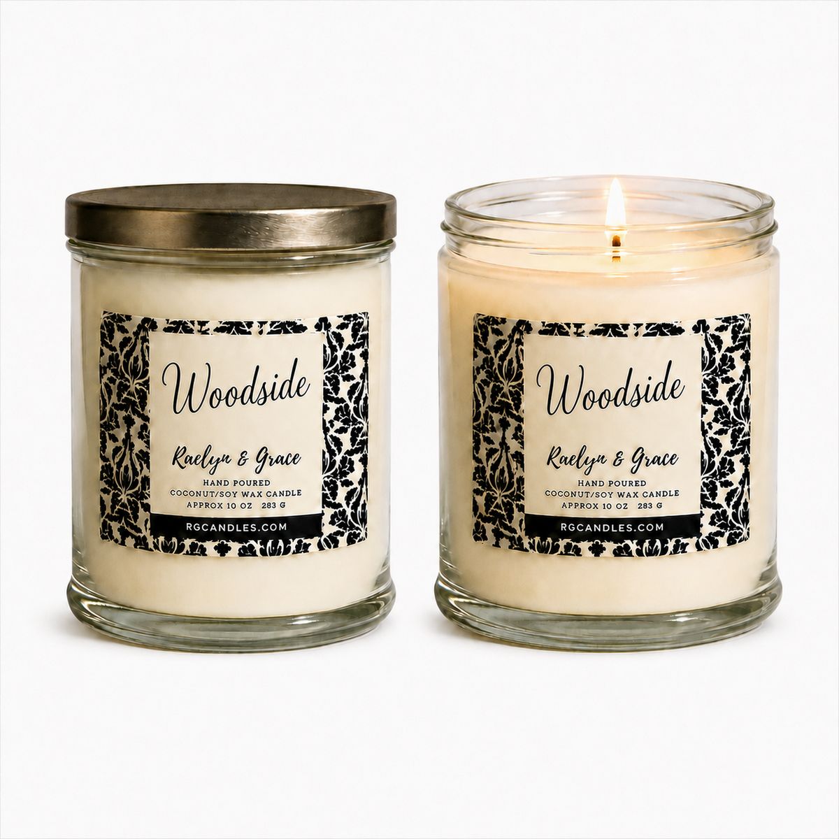 Woodside 10oz candle, unlit with lid and lit without lid