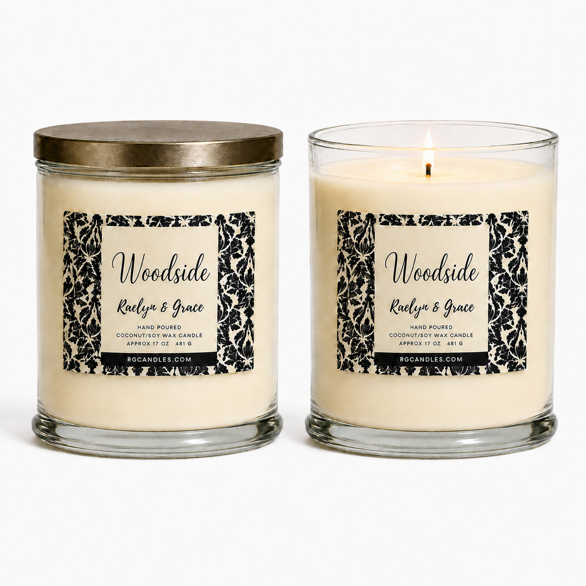 Woodside 17oz candle, unlit with lid and lit without lid